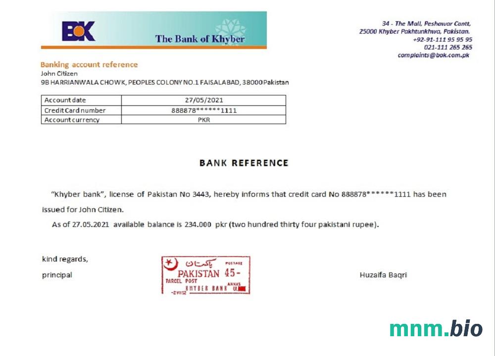 Przykład odniesienia Pakistan Khyber bank w formatach Word i PDF